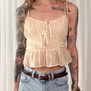 American Eagle Yellow Gingham Crop Tank Tie Strap Ruffle Babydoll Top